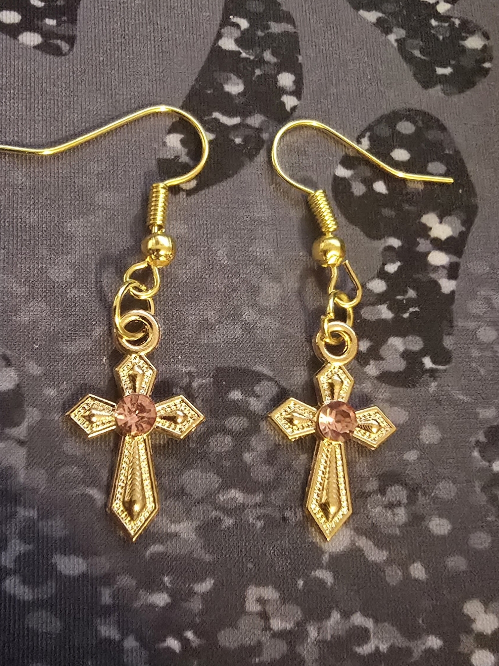 Gold Cross Drop Earrings with Pink Stone Accent